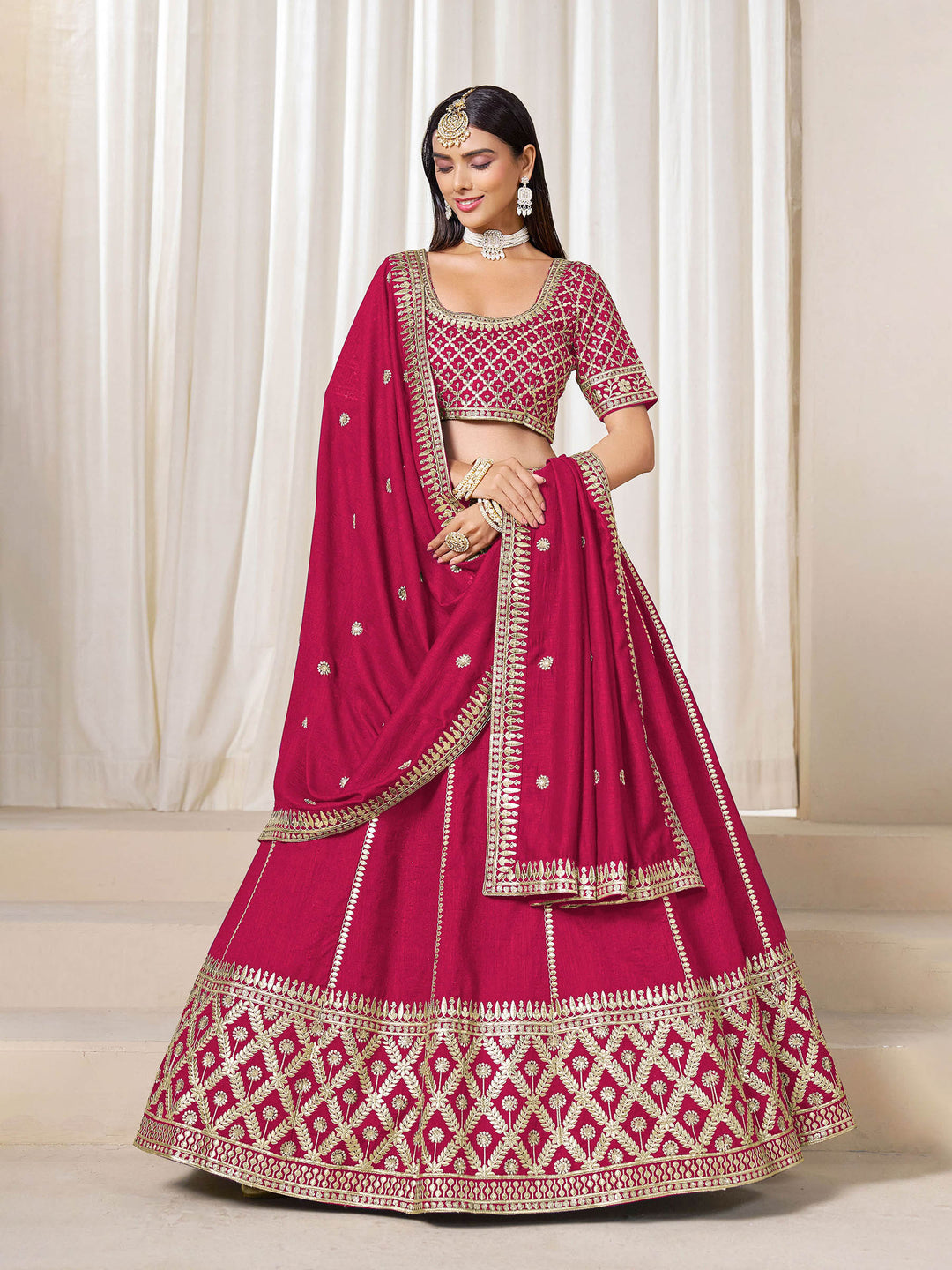 Pink Embroidered Art Silk Semi Stitched Kurta Choli With Lehenga &amp; Dupatta