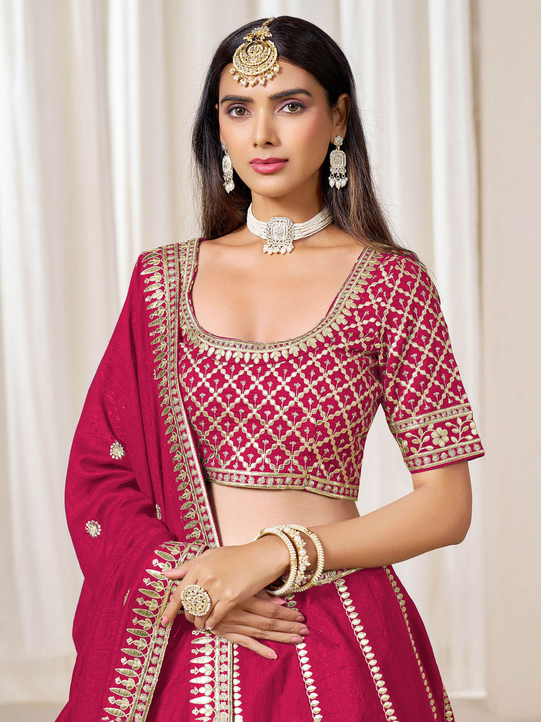 Pink Embroidered Art Silk Semi Stitched Kurta Choli With Lehenga &amp; Dupatta