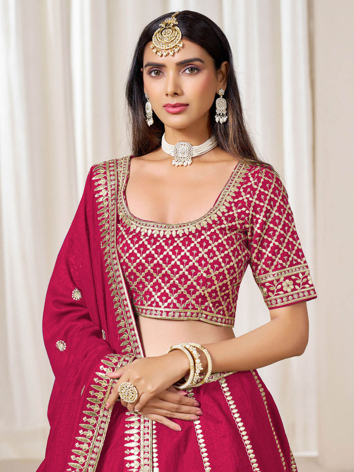 Pink Embroidered Art Silk Semi Stitched Kurta Choli With Lehenga &amp; Dupatta