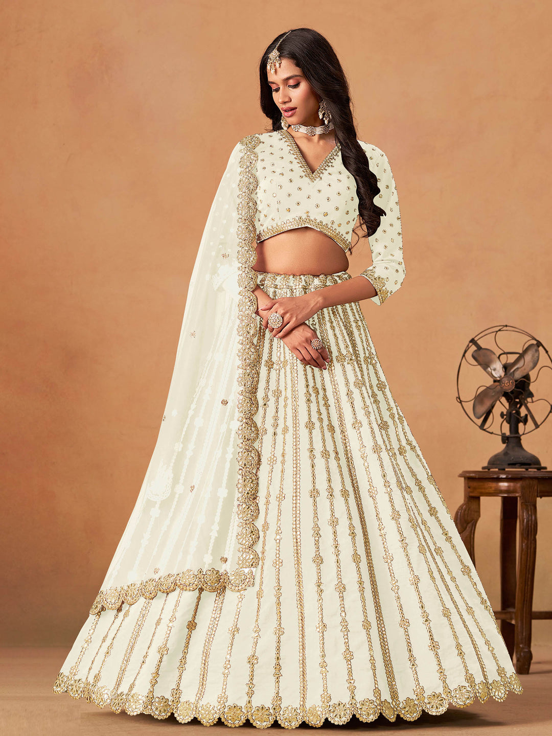 White Embroidered Art Silk Semi Stitched Kurta Choli With Lehenga &amp; Dupatta