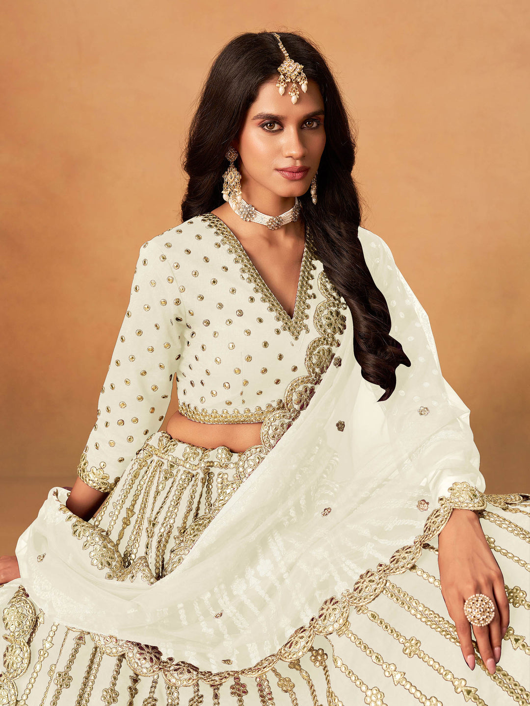White Embroidered Art Silk Semi Stitched Kurta Choli With Lehenga &amp; Dupatta