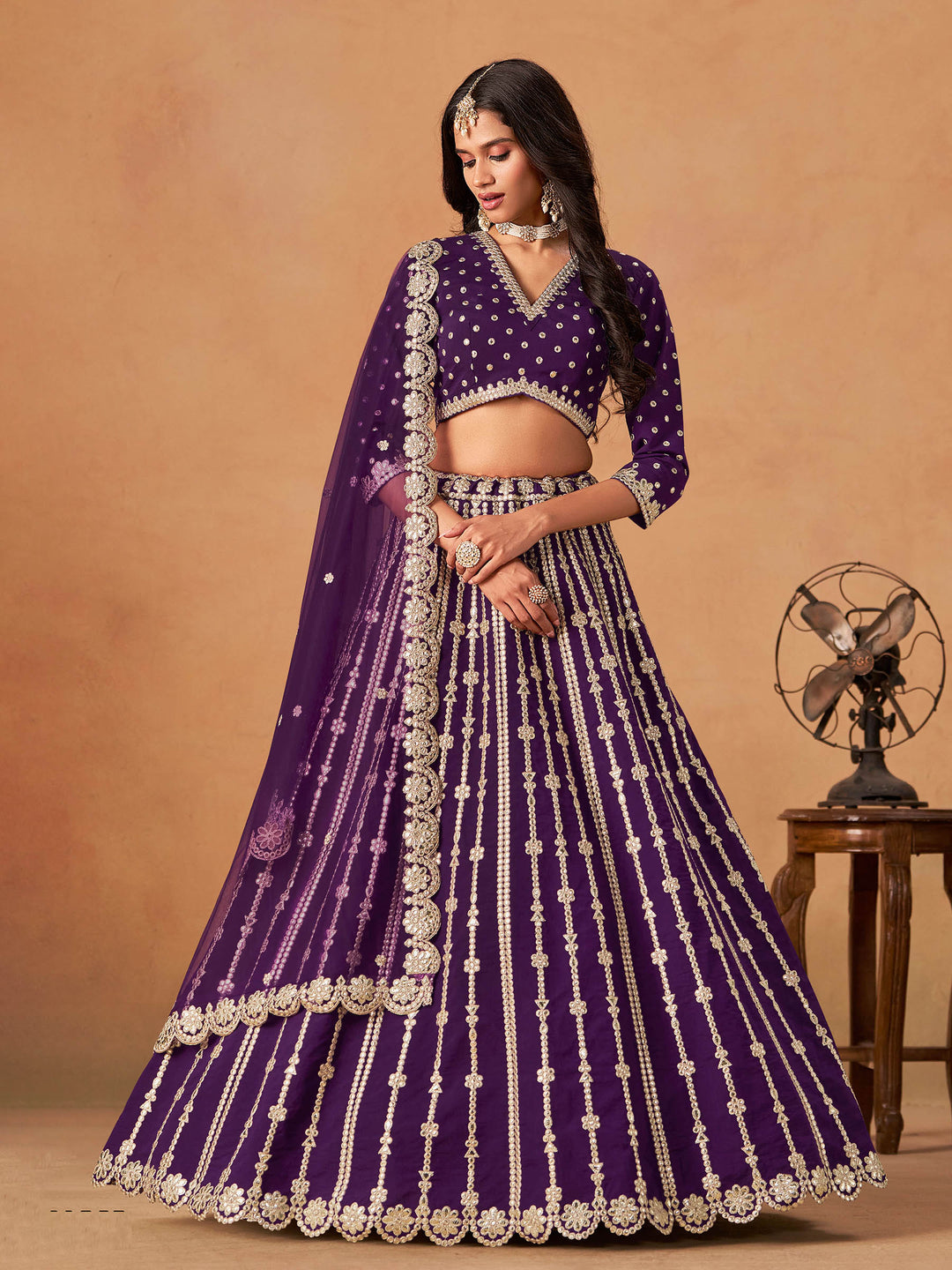 Purple Embroidered Art Silk Semi Stitched Kurta Choli With Lehenga &amp; Dupatta