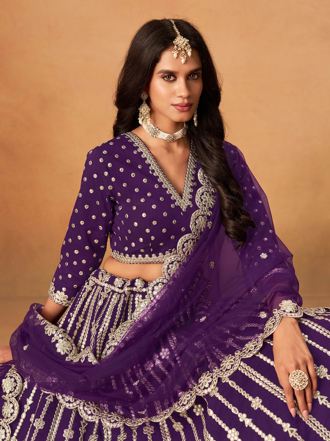Purple Embroidered Art Silk Semi Stitched Kurta Choli With Lehenga &amp; Dupatta
