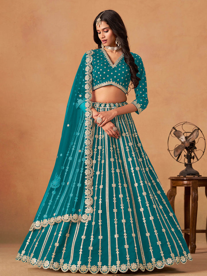 Teal Blue Embroidered Art Silk Semi Stitched Kurta Choli With Lehenga &amp; Dupatta