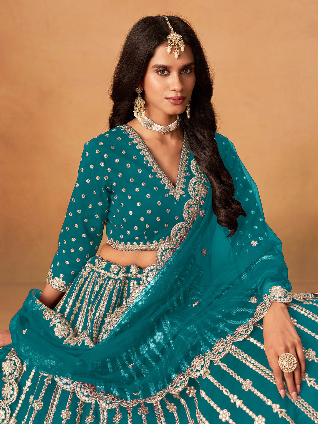 Teal Blue Embroidered Art Silk Semi Stitched Kurta Choli With Lehenga &amp; Dupatta
