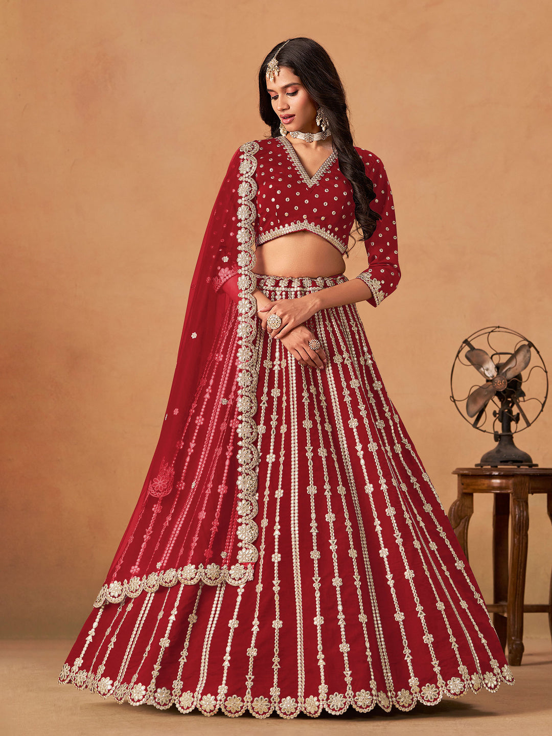 Red Embroidered Art Silk Semi Stitched Kurta Choli With Lehenga &amp; Dupatta