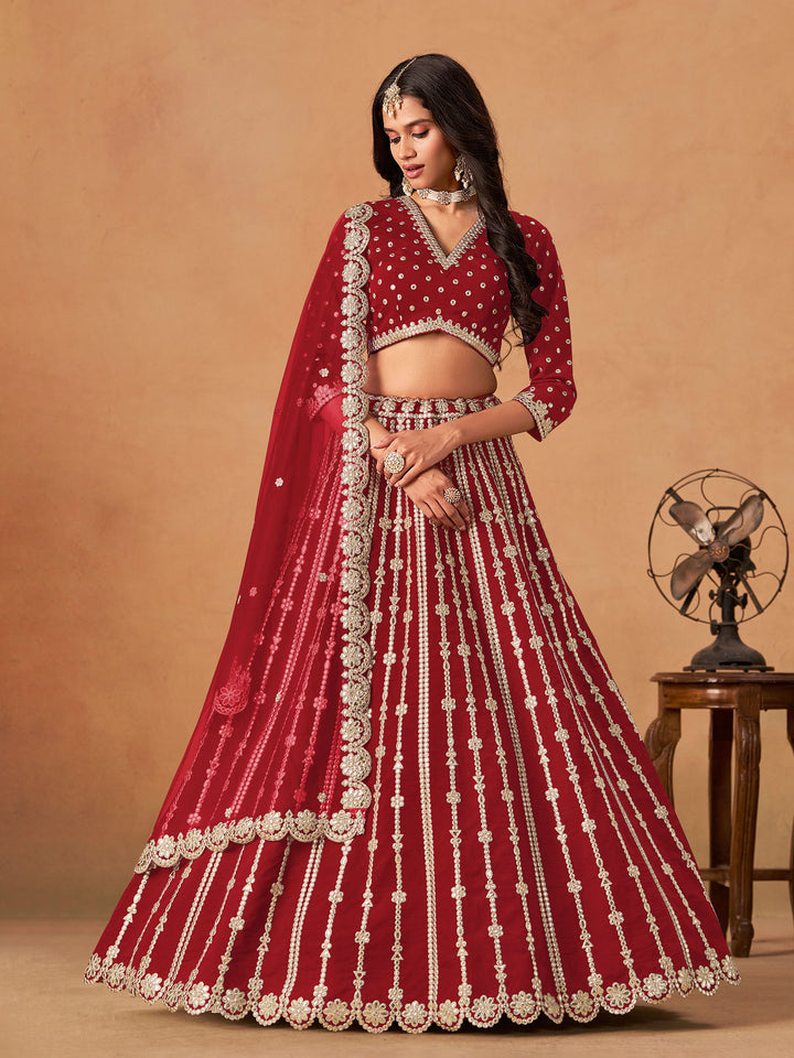 Red Embroidered Art Silk Semi Stitched Kurta Choli With Lehenga &amp; Dupatta
