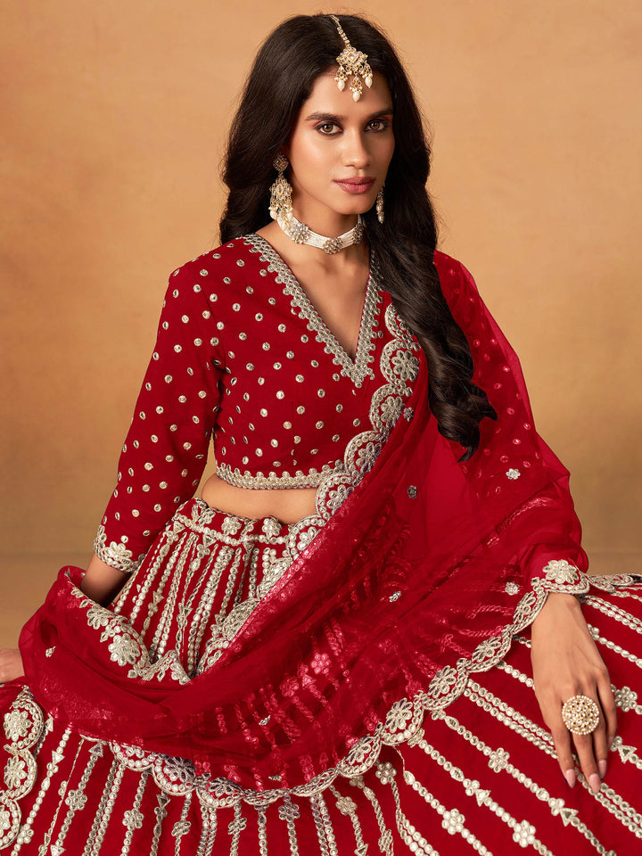 Red Embroidered Art Silk Semi Stitched Kurta Choli With Lehenga &amp; Dupatta
