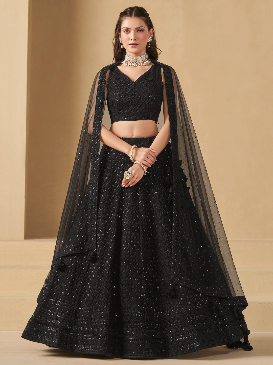 Black Georgette Embroidered Semi Stitched Lehenga Choli with Dupatta
