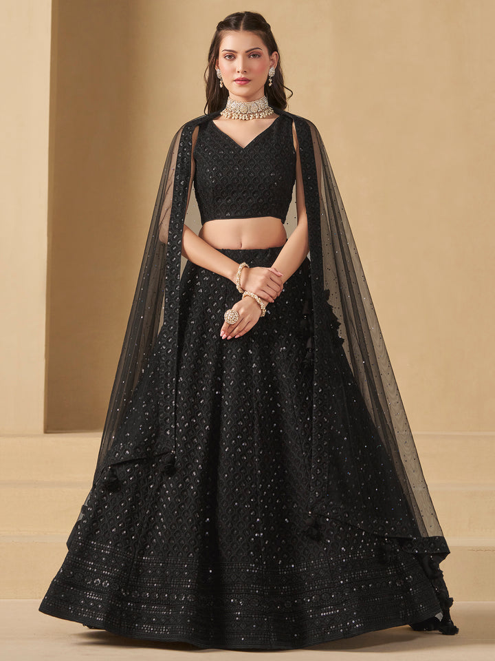 Black Georgette Embroidered Semi Stitched Lehenga Choli with Dupatta