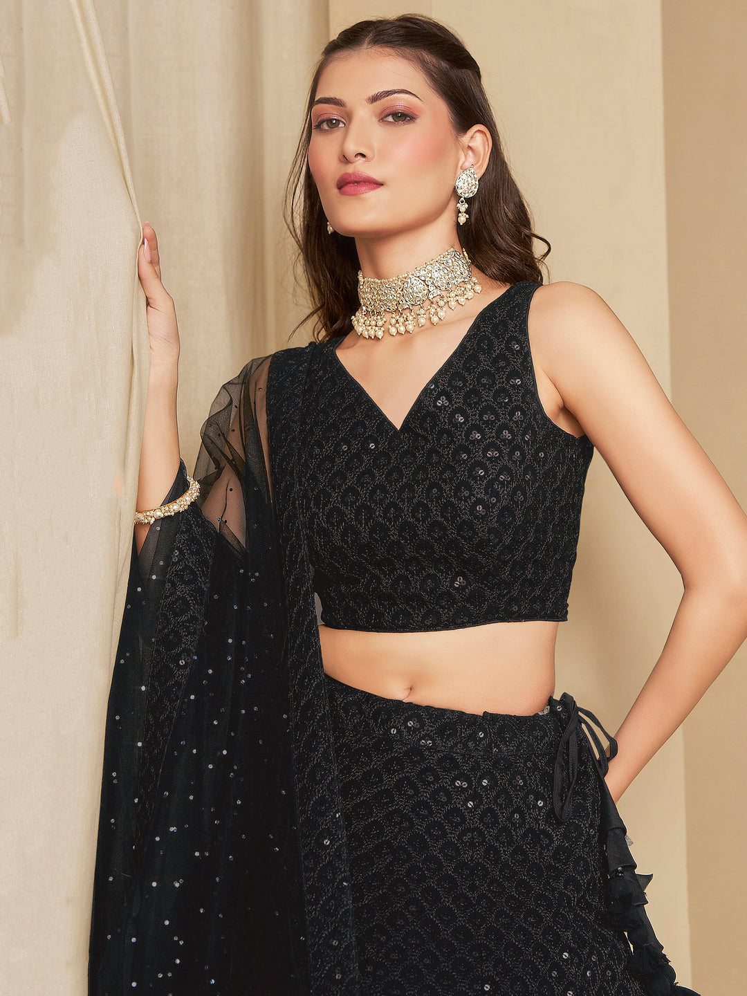 Black Georgette Embroidered Semi Stitched Lehenga Choli with Dupatta