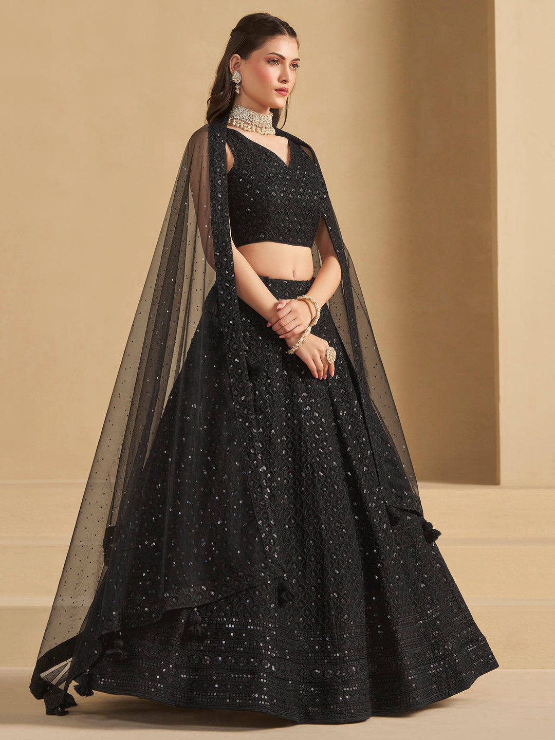 Black Georgette Embroidered Semi Stitched Lehenga Choli with Dupatta