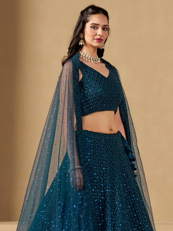 Blue Georgette Embroidered Semi Stitched Lehenga Choli with Dupatta