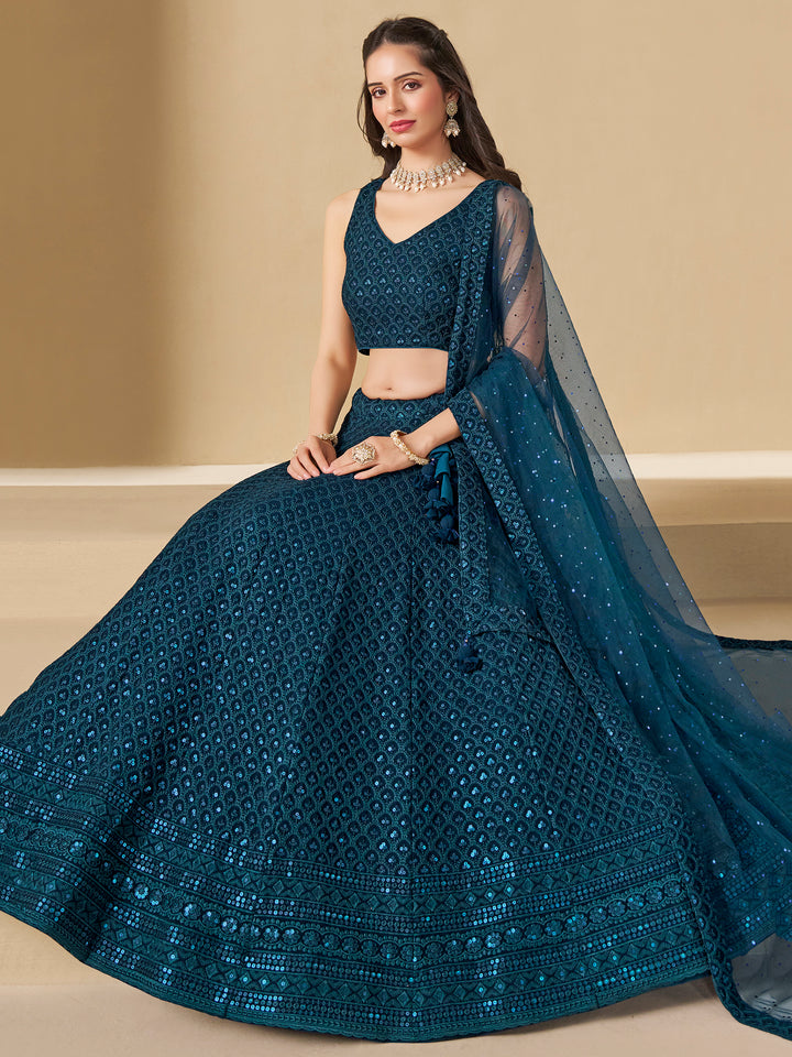 Blue Georgette Embroidered Semi Stitched Lehenga Choli with Dupatta