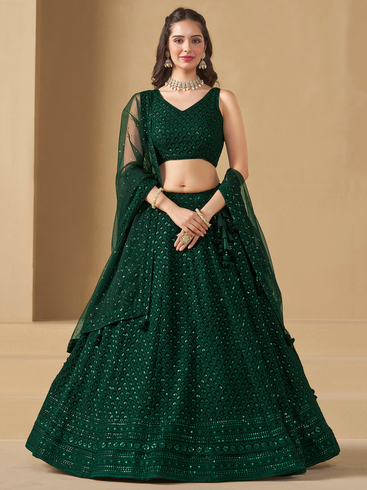 Green Georgette Embroidered Semi Stitched Lehenga Choli with Dupatta