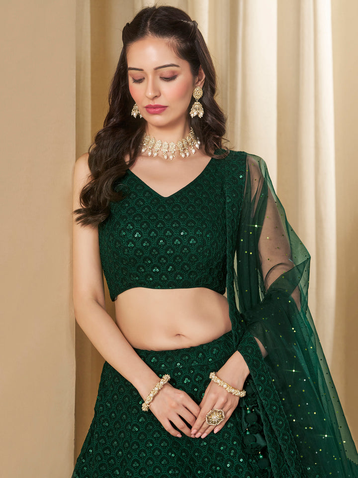 Green Georgette Embroidered Semi Stitched Lehenga Choli with Dupatta