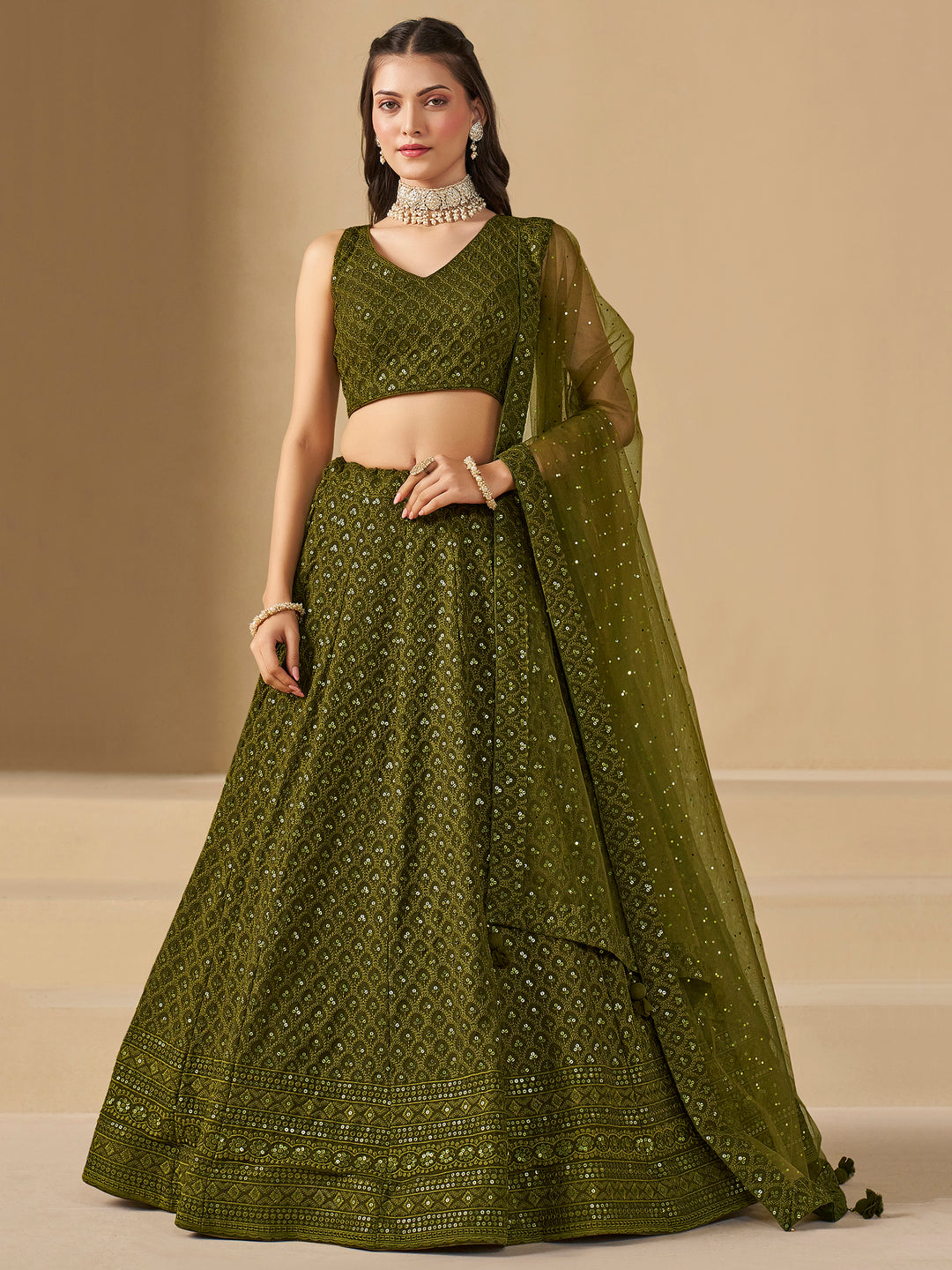 Mehndi Georgette Embroidered Semi Stitched Lehenga Choli with Dupatta