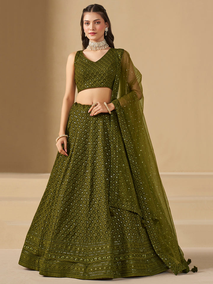 Mehndi Georgette Embroidered Semi Stitched Lehenga Choli with Dupatta