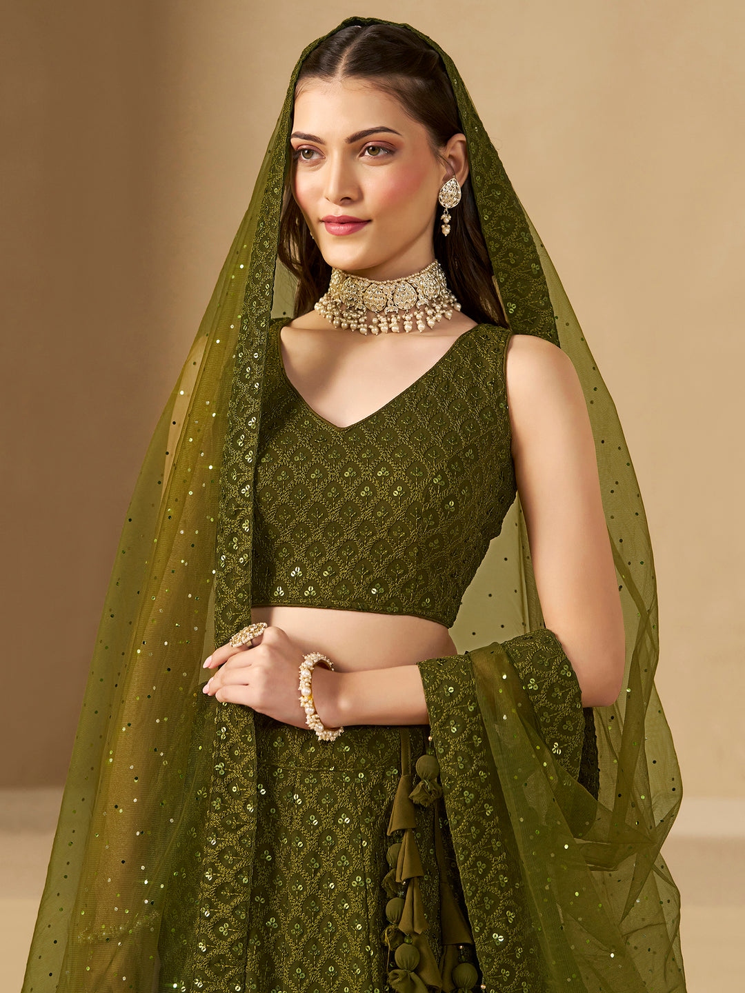 Mehndi Georgette Embroidered Semi Stitched Lehenga Choli with Dupatta