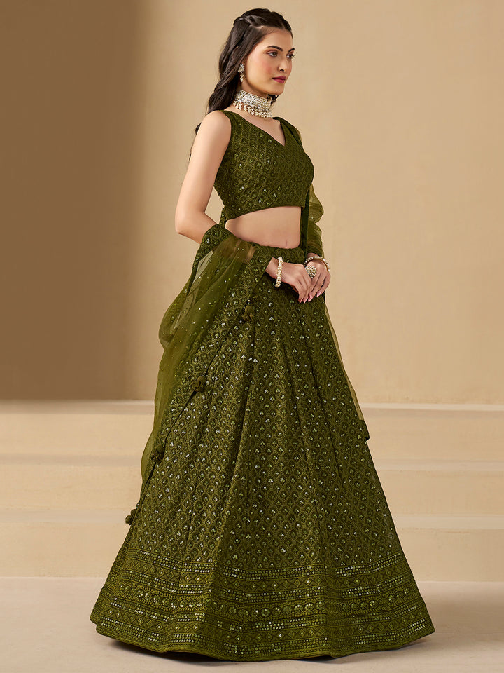 Mehndi Georgette Embroidered Semi Stitched Lehenga Choli with Dupatta