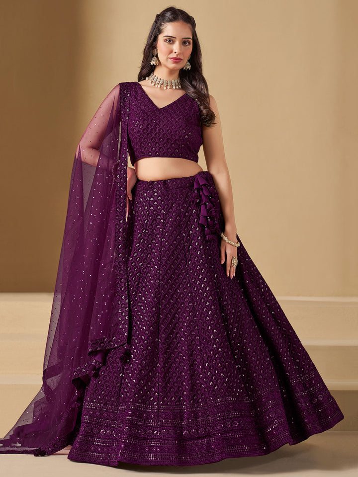 Wine Georgette Embroidered Semi Stitched Lehenga Choli with Dupatta
