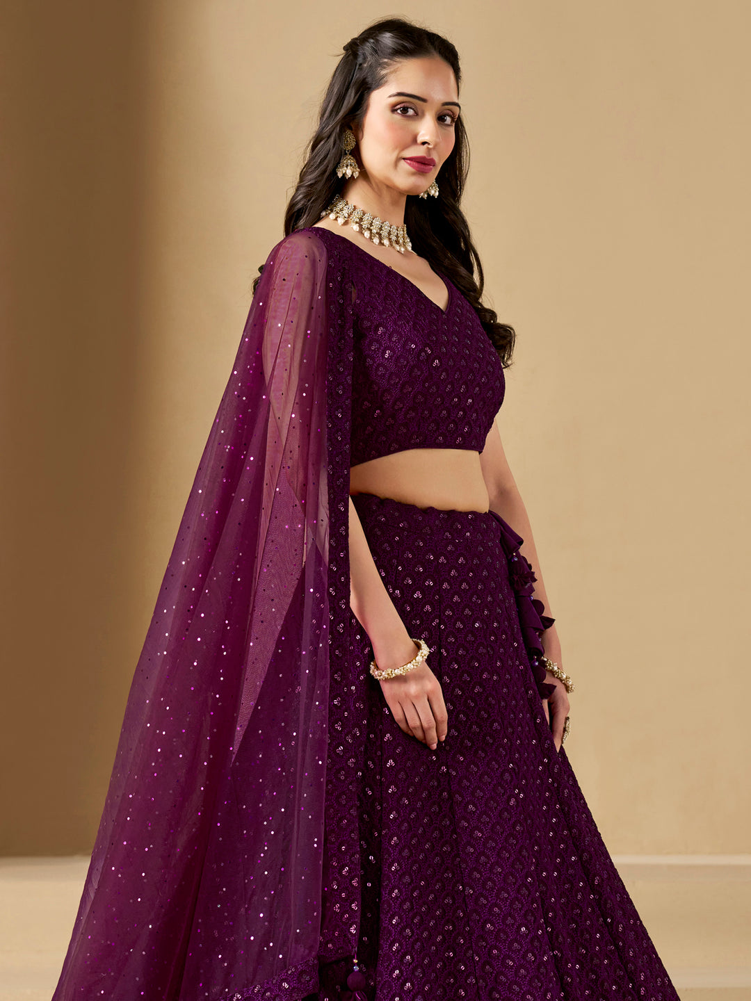 Wine Georgette Embroidered Semi Stitched Lehenga Choli with Dupatta
