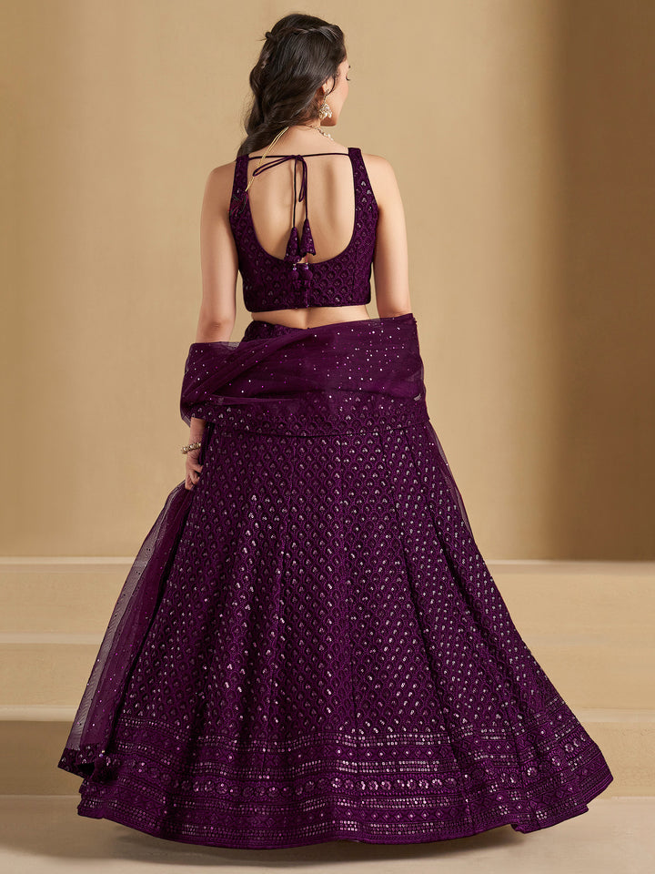 Wine Georgette Embroidered Semi Stitched Lehenga Choli with Dupatta