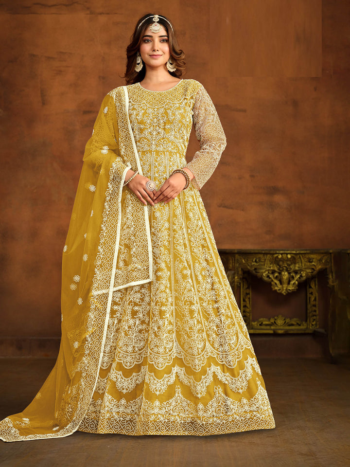 Yellow Embroidered Net Semi Stitched Kurta With Churidar Pajami &amp; Dupatta