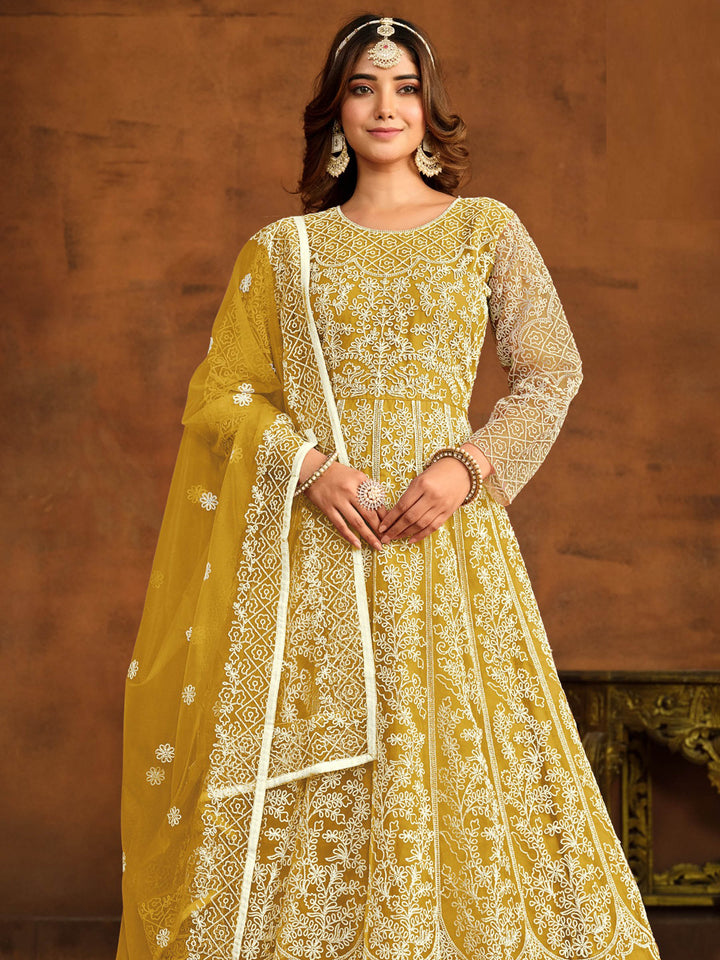 Yellow Embroidered Net Semi Stitched Kurta With Churidar Pajami &amp; Dupatta