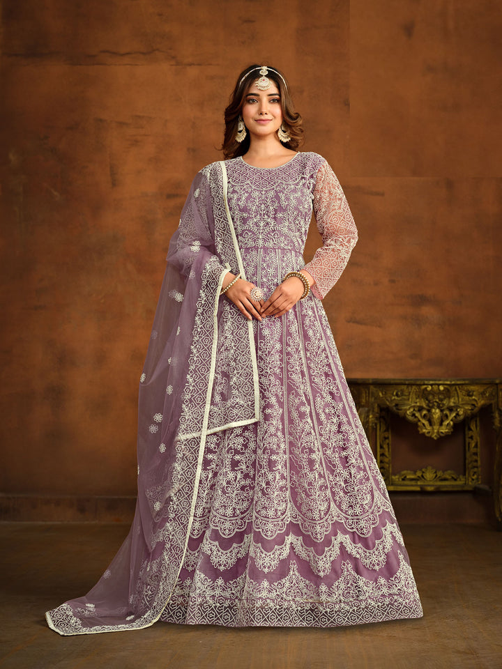 Purple Embroidered Net Semi Stitched Kurta With Churidar Pajami &amp; Dupatta
