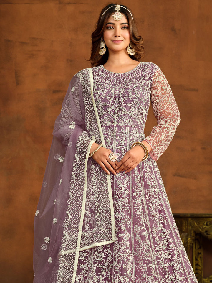 Purple Embroidered Net Semi Stitched Kurta With Churidar Pajami &amp; Dupatta