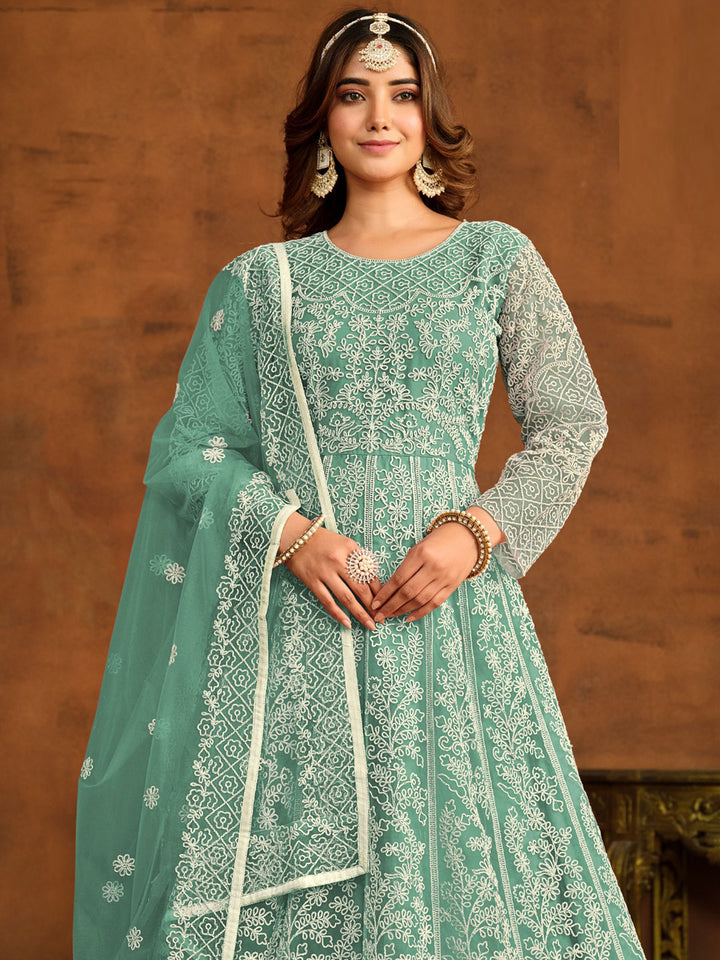 Turquoise Embroidered Net Semi Stitched Kurta With Churidar Pajami &amp; Dupatta