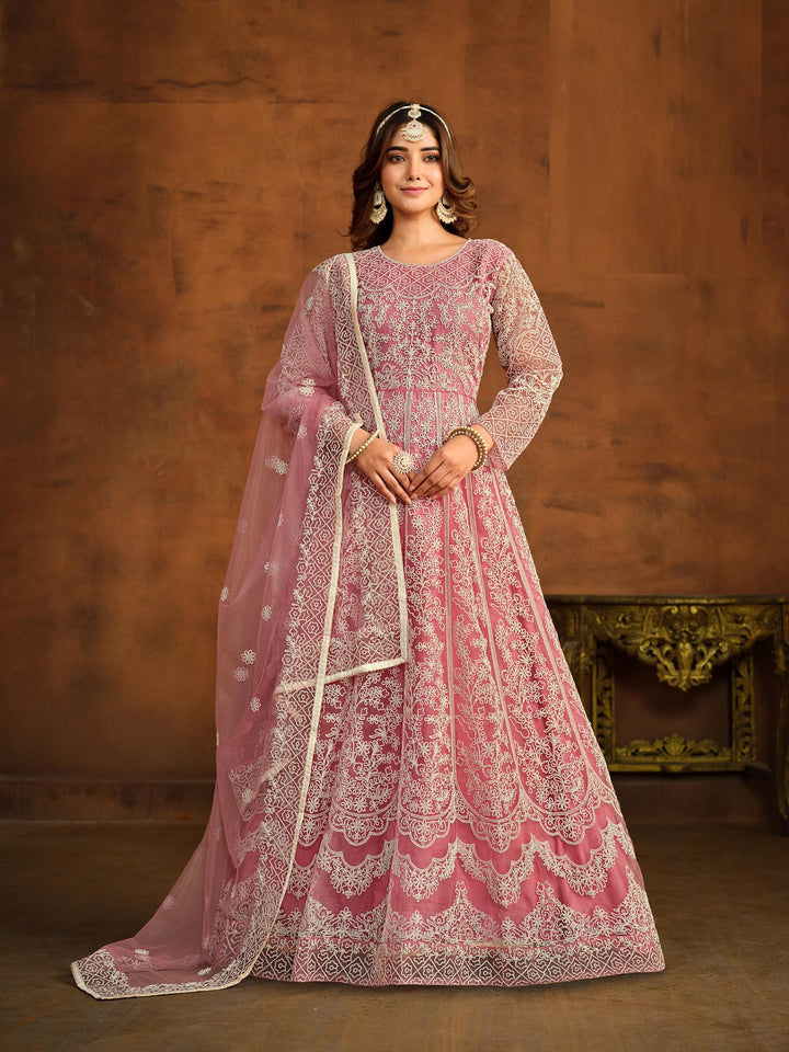 Pink Embroidered Net Semi Stitched Kurta With Churidar Pajami &amp; Dupatta