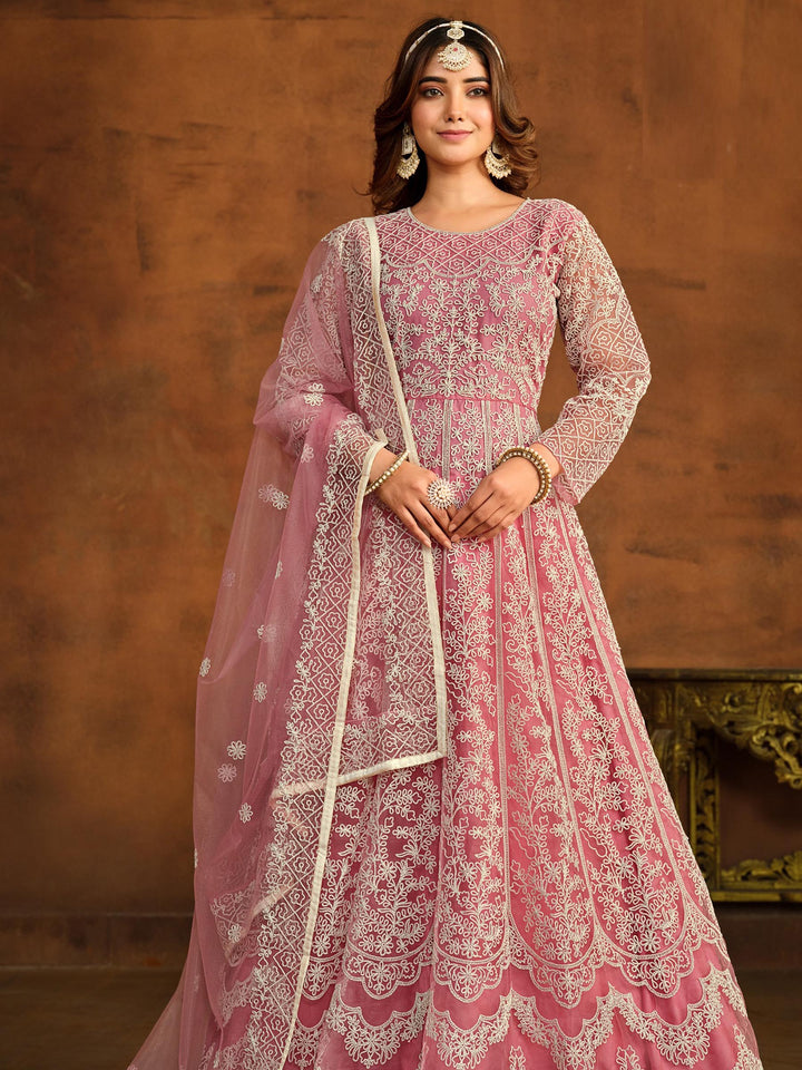 Pink Embroidered Net Semi Stitched Kurta With Churidar Pajami &amp; Dupatta