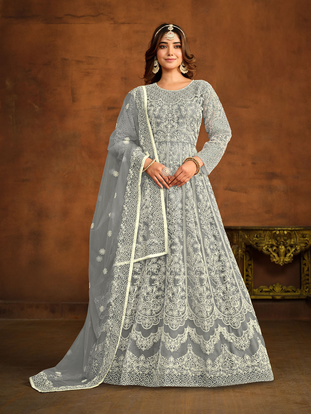 Grey Embroidered Net Semi Stitched Kurta With Churidar Pajami &amp; Dupatta