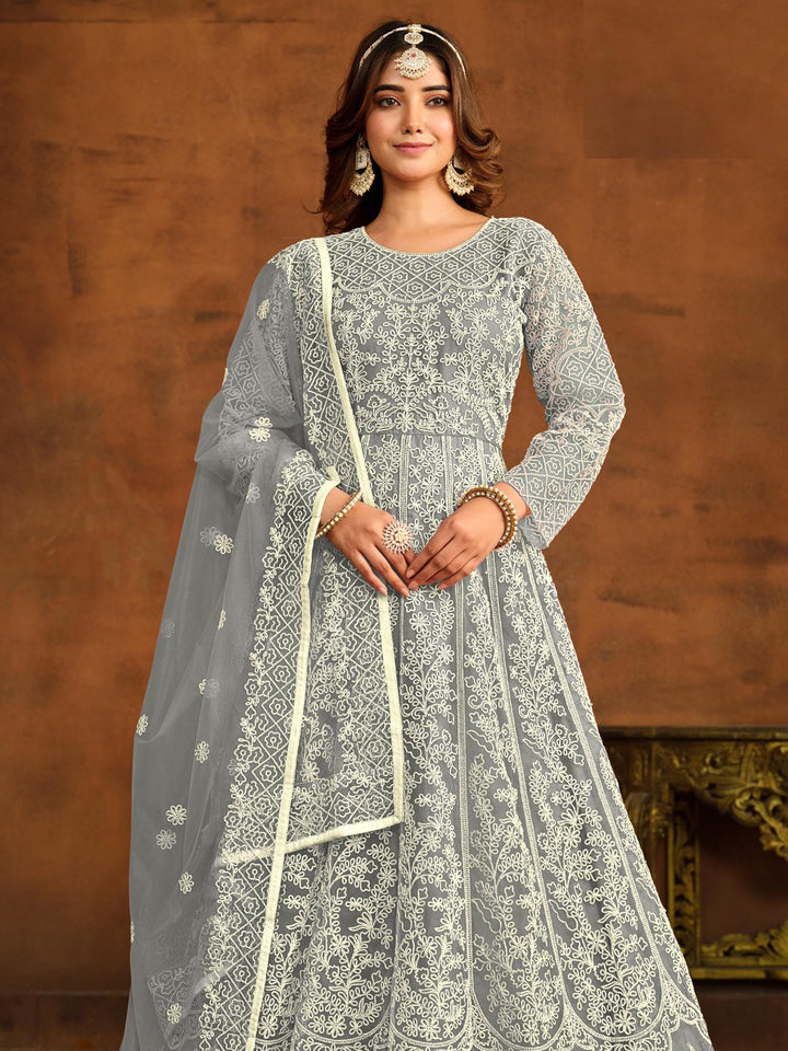 Grey Embroidered Net Semi Stitched Kurta With Churidar Pajami &amp; Dupatta