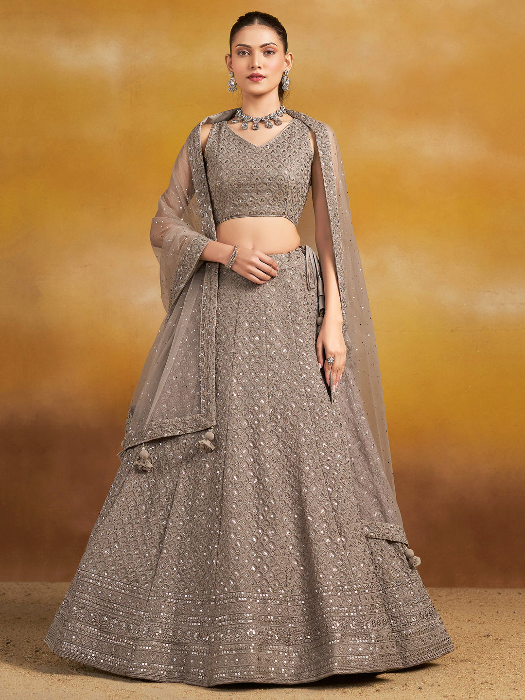Grey Georgette Embroidered Semi Stitched Lehenga Choli with Dupatta