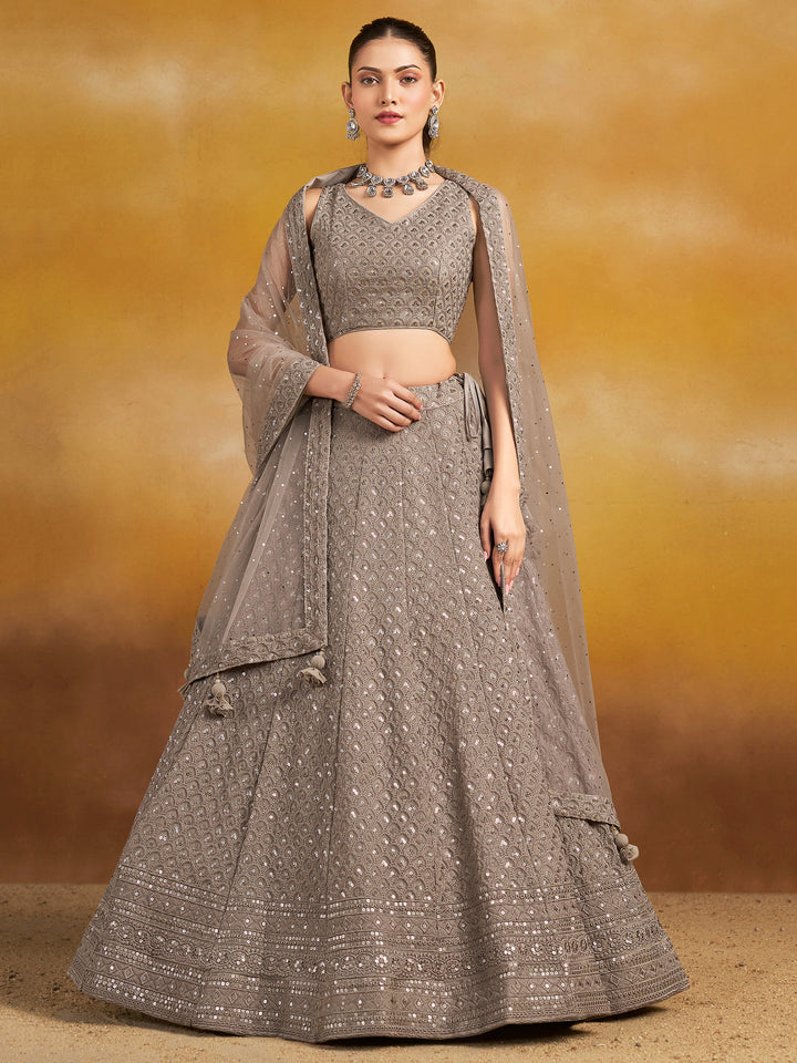Grey Georgette Embroidered Semi Stitched Lehenga Choli with Dupatta