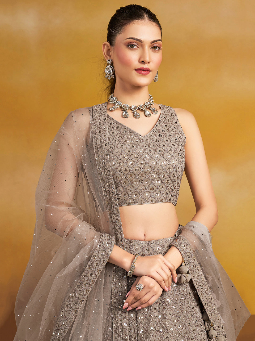 Grey Georgette Embroidered Semi Stitched Lehenga Choli with Dupatta