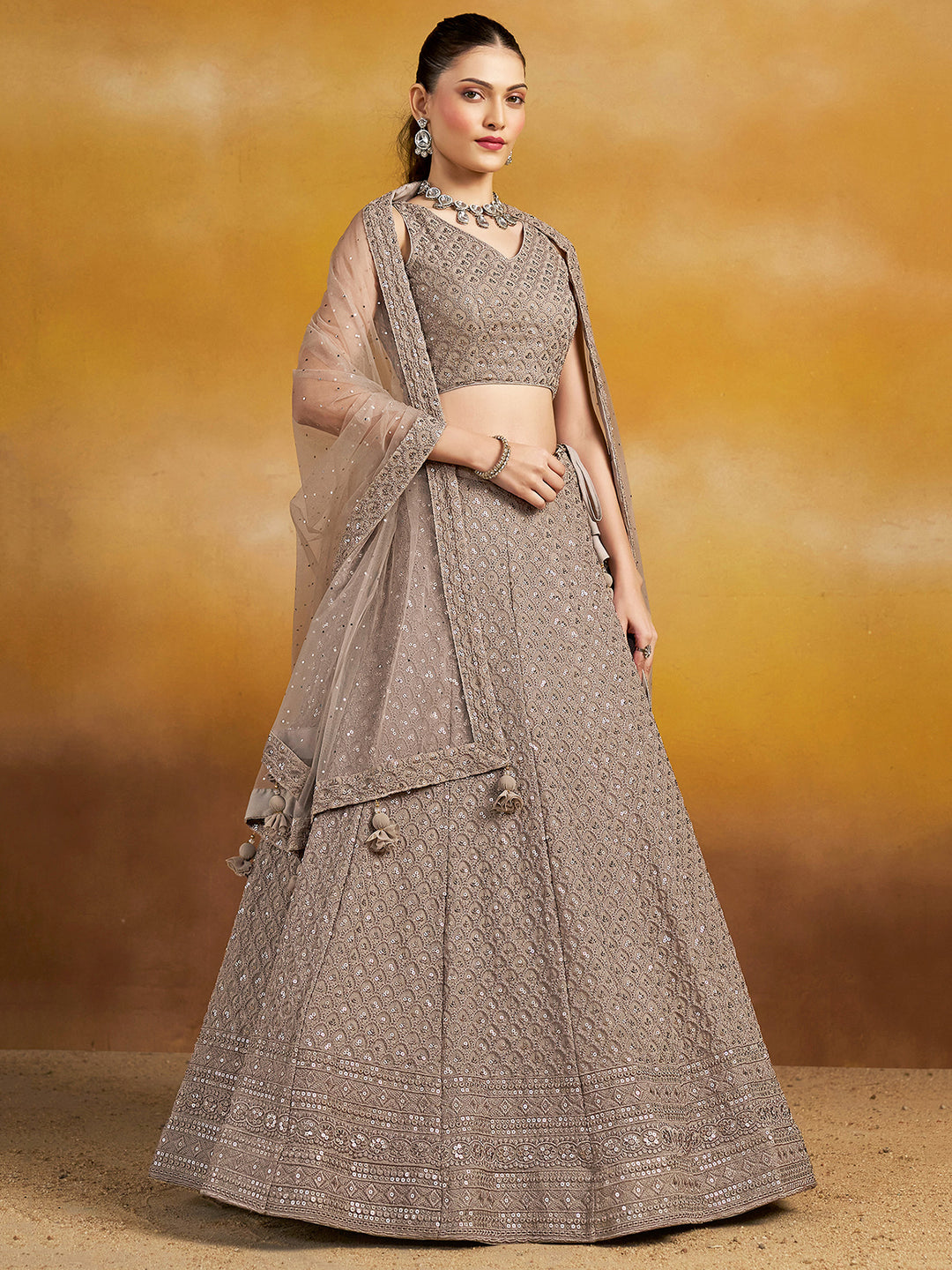 Grey Georgette Embroidered Semi Stitched Lehenga Choli with Dupatta
