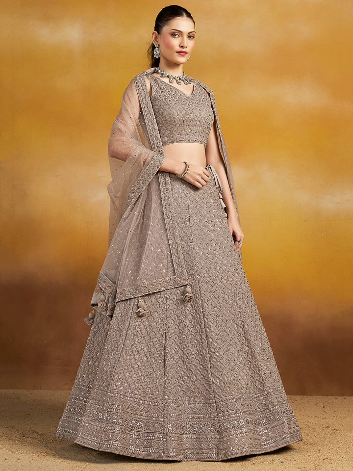 Grey Georgette Embroidered Semi Stitched Lehenga Choli with Dupatta