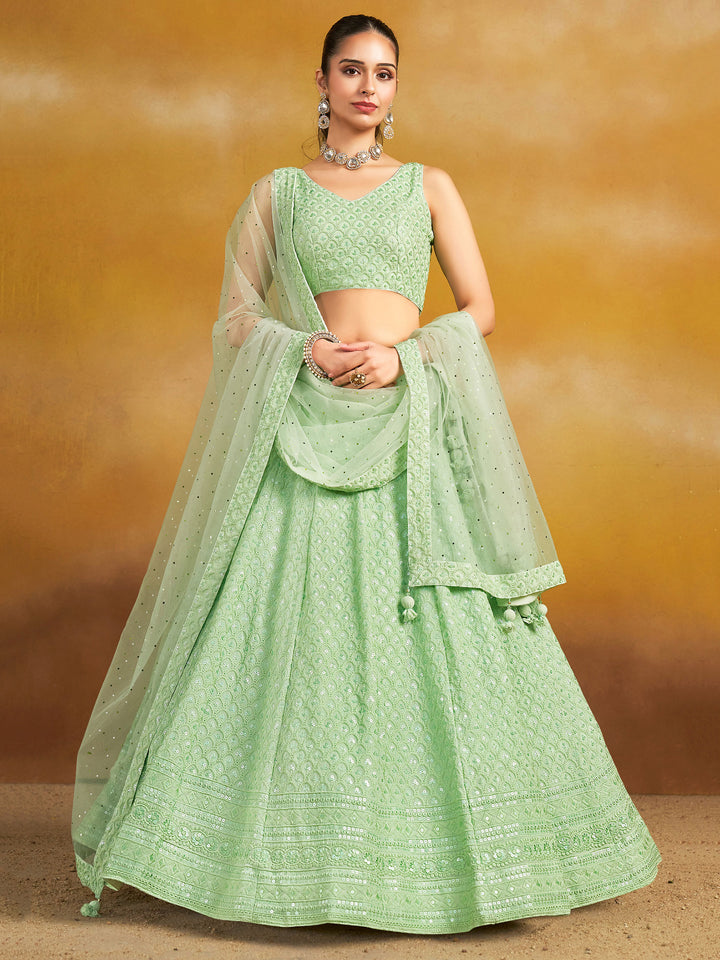 Mint Georgette Embroidered Semi Stitched Lehenga Choli with Dupatta
