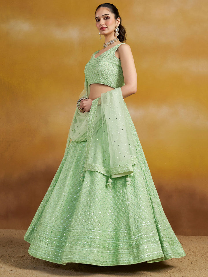 Mint Georgette Embroidered Semi Stitched Lehenga Choli with Dupatta