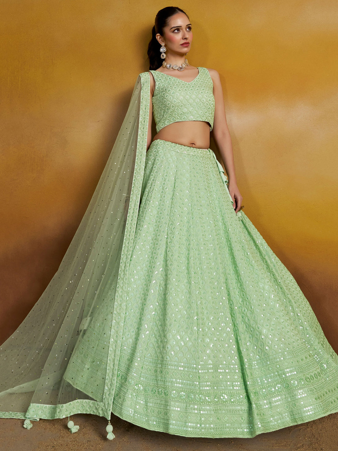 Mint Georgette Embroidered Semi Stitched Lehenga Choli with Dupatta