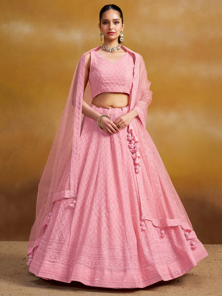 Pink Georgette Embroidered Semi Stitched Lehenga Choli with Dupatta