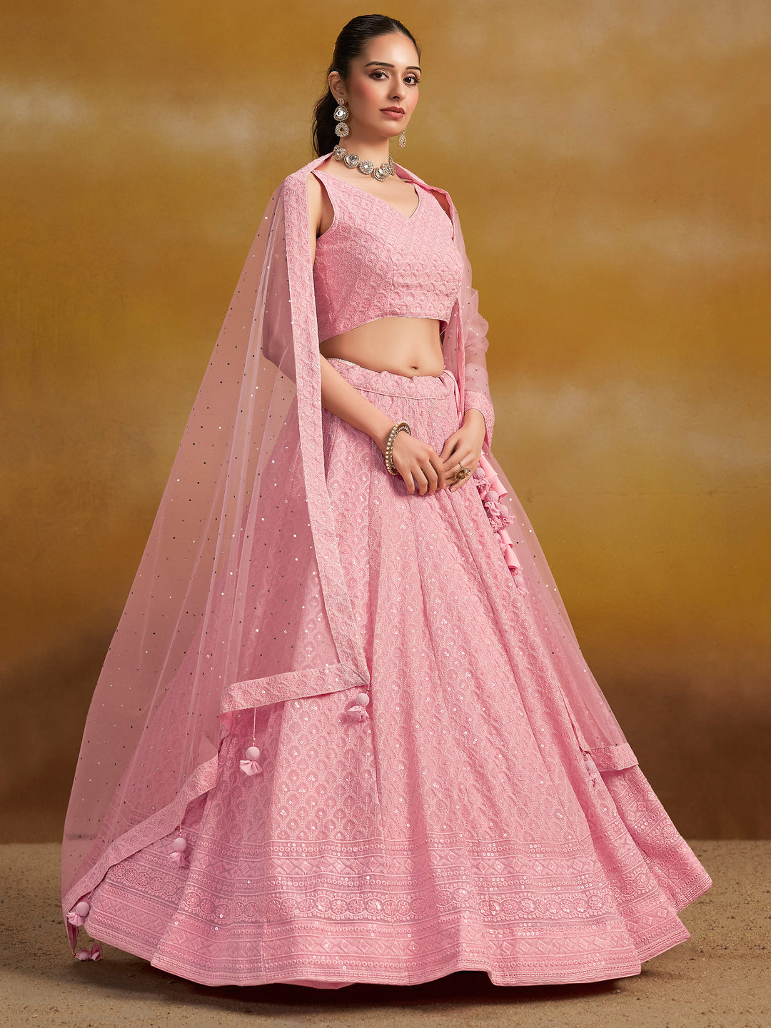 Pink Georgette Embroidered Semi Stitched Lehenga Choli with Dupatta