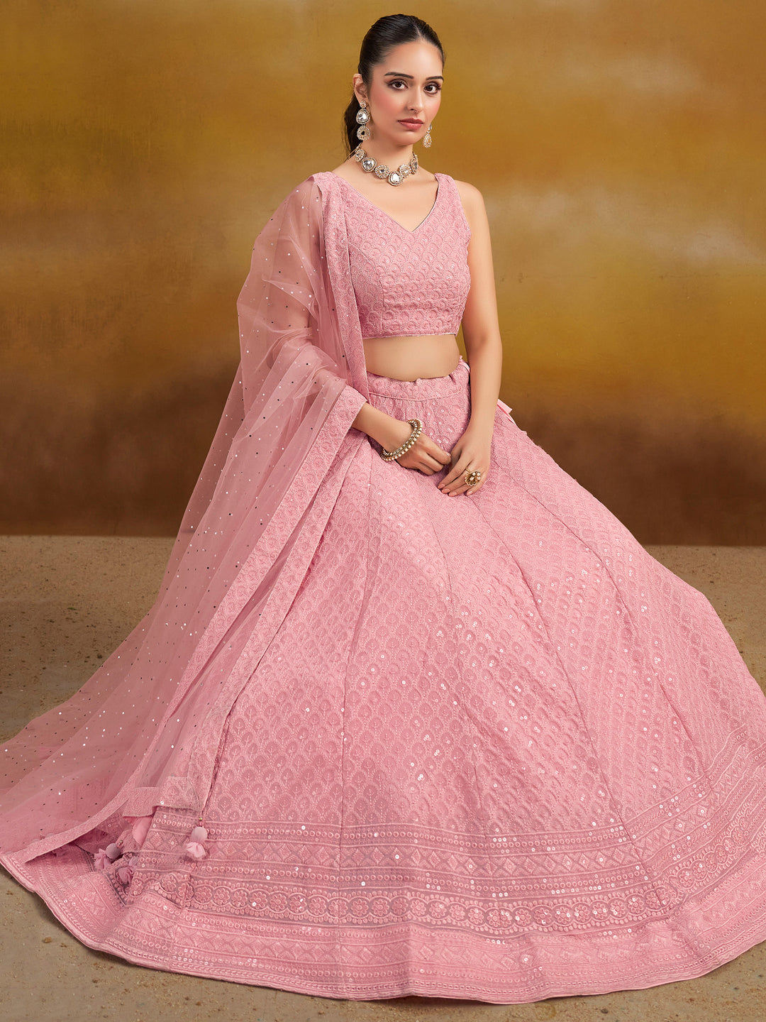 Pink Georgette Embroidered Semi Stitched Lehenga Choli with Dupatta