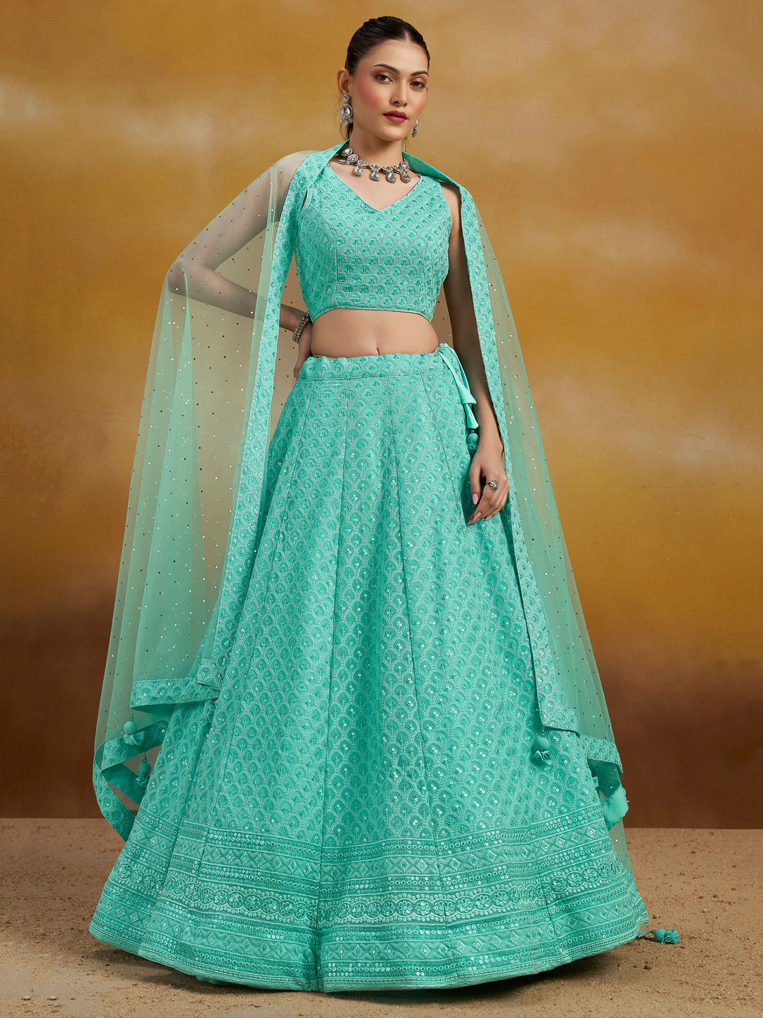 Sky Georgette Embroidered Semi Stitched Lehenga Choli with Dupatta