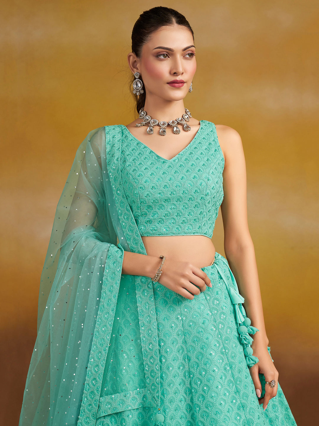 Sky Georgette Embroidered Semi Stitched Lehenga Choli with Dupatta