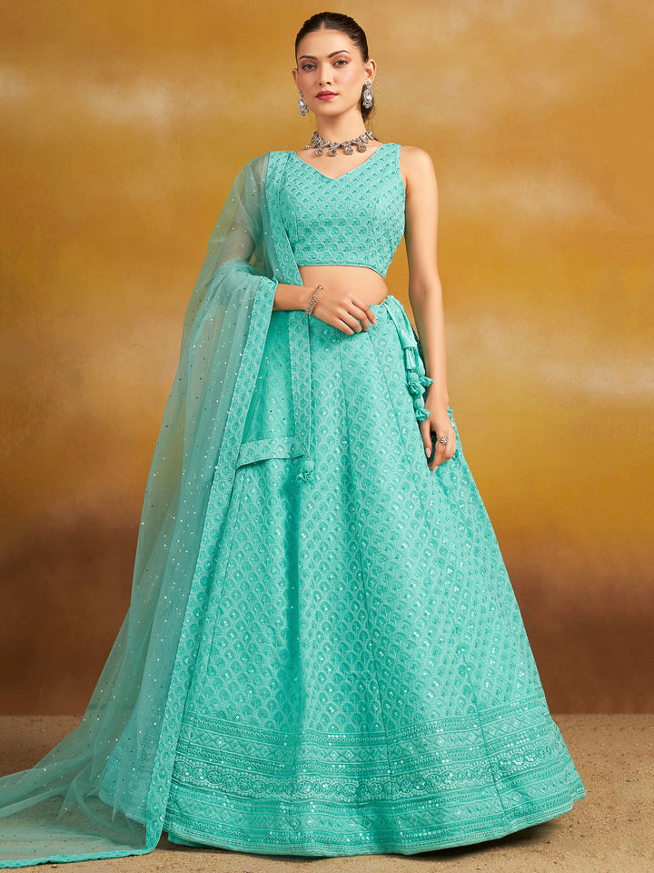 Sky Georgette Embroidered Semi Stitched Lehenga Choli with Dupatta